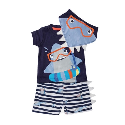 Baby Boy's Scuba Shark Short Set With Bib
