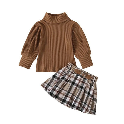 Girls Brown Turtleneck Skirt Set