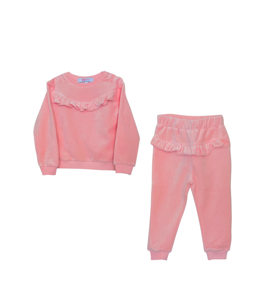 Girls' Ruffle Pink Velour Pants Set